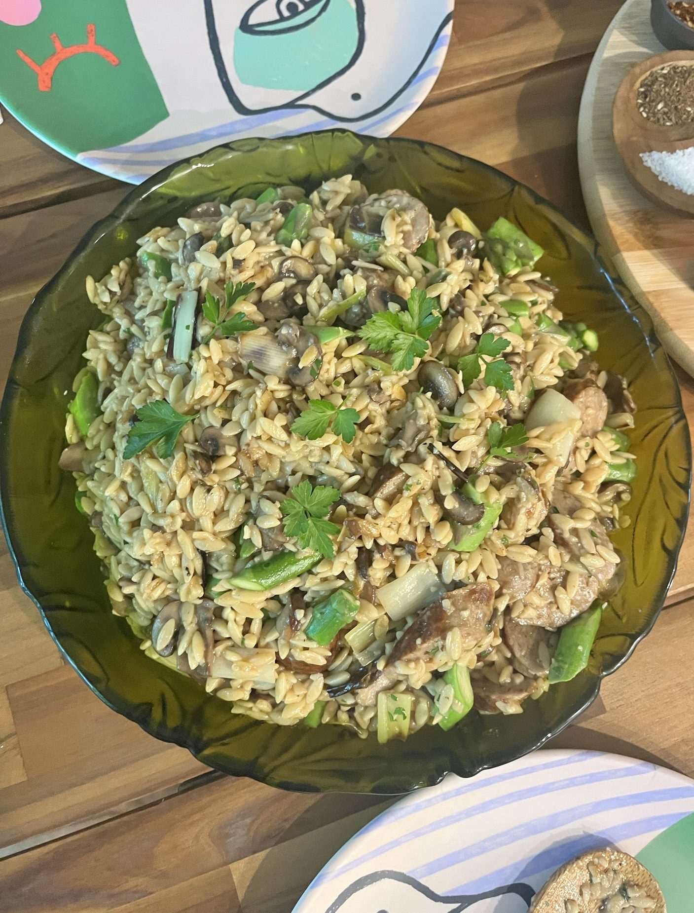 Orzo Risotto with Sausage, Mushroom, Leek & Asparagus
